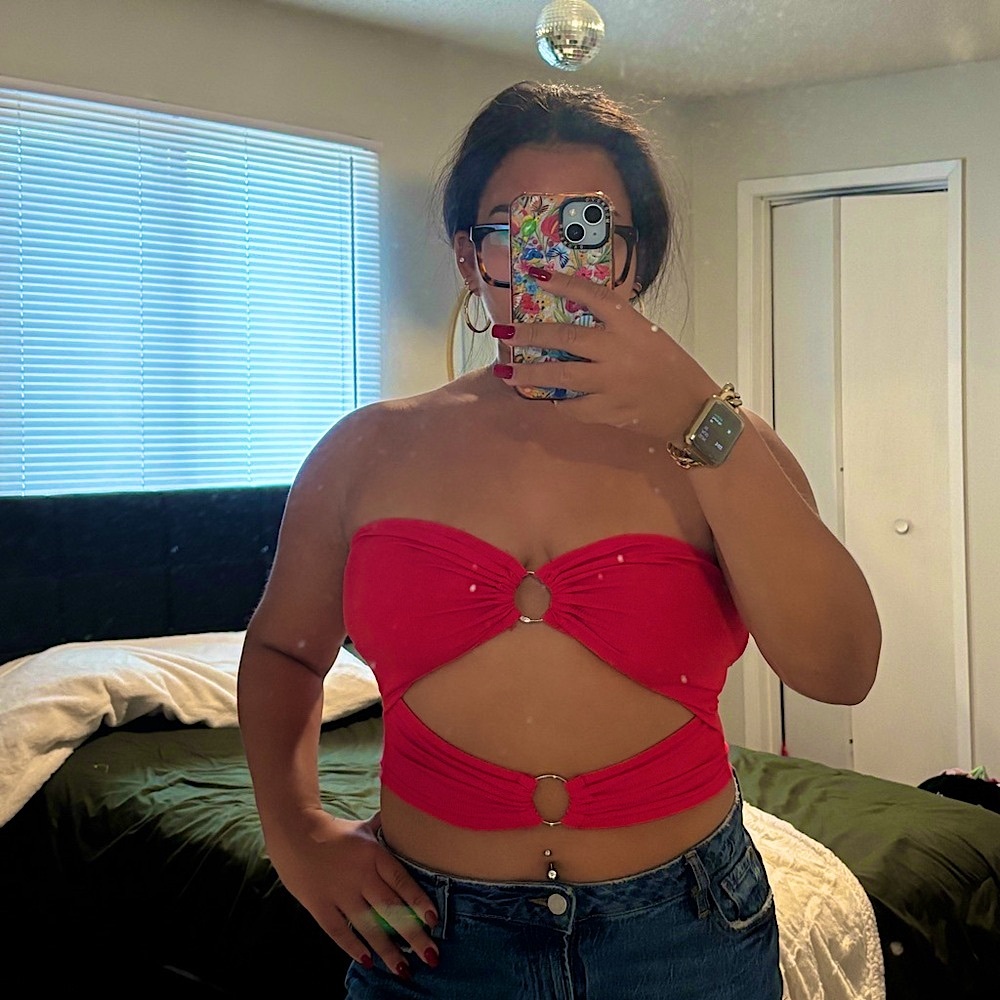 SHEIN Red Strapless Cutout Crop Top